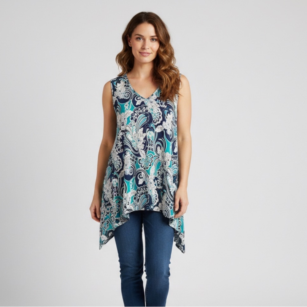 SJS Teal & Navy Textured Paisley Sharkbite Hem Tunic Blouse 1X